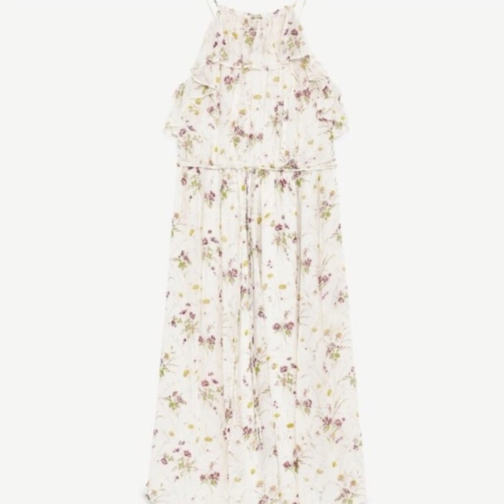 rare zara nwt floral print pink dress frill xs/24